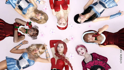 Восемь сексапильных девушек в эротических нарядах лежат на полу и смотрят вверх