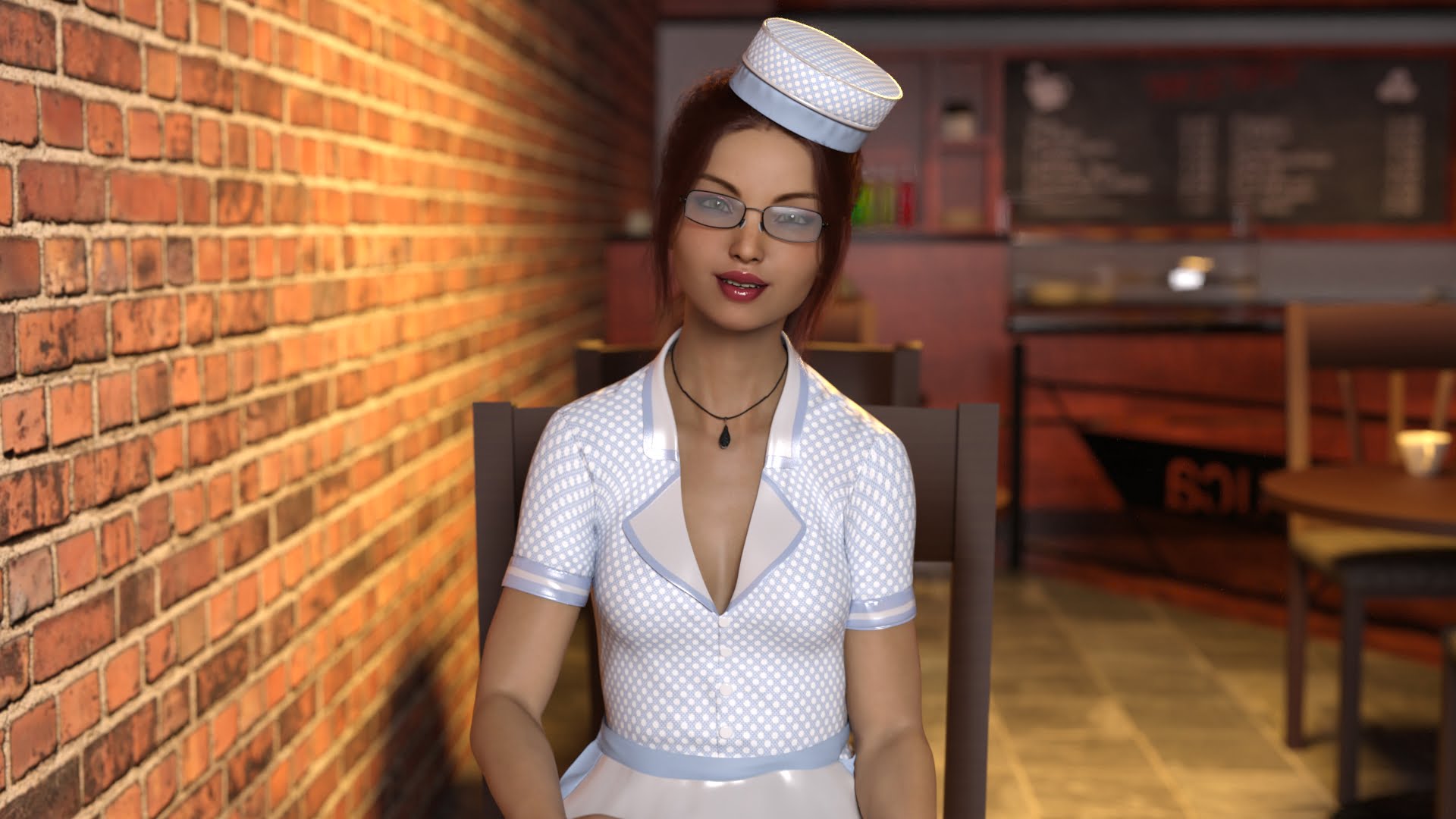 3Д картинка девушки официантки, сидящей в баре